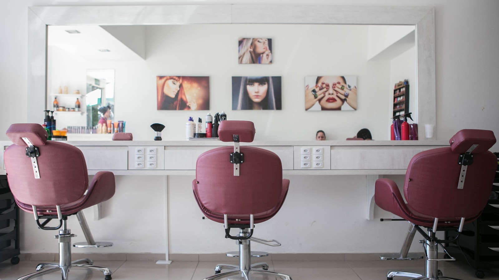 The interior of a bright hair salon